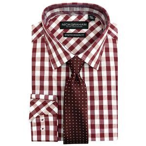 Nick Graham Mens Tie Set Button Down Dress Shirt, Red, 15.5 Neck, MP
